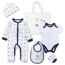 F10712NB: Baby Boys Sailor Bear 6 Piece Mesh Bag Gift Set (NB-6 Months)